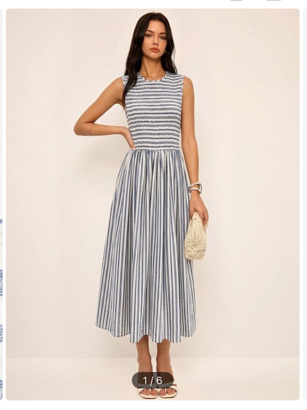 Commense Blue & White Striped Cotton Sleeveless Smocked Maxi Dress